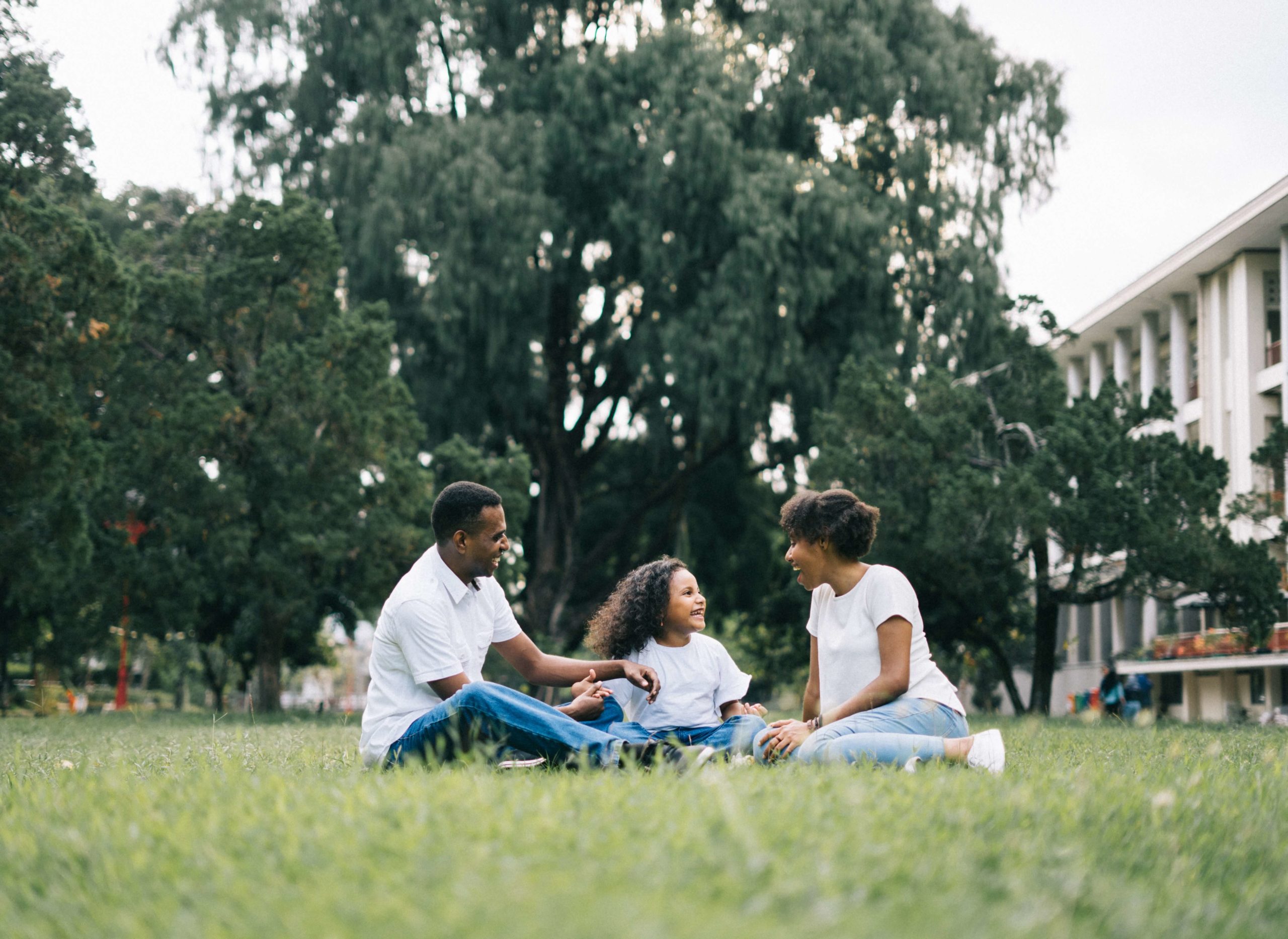 a family sitting on grass in the park